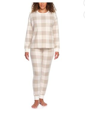 LOFT Women's Plaid Thermal Pajama Set in Cream and Tan